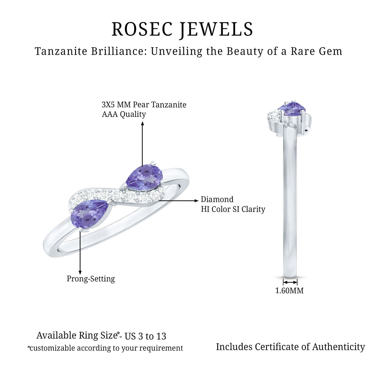 Rosec Jewels Tanzanite 2-stone promise ring featuring sparkling diamonds, showcasing elegant blue-purple gemstones and fine craftsmanship.