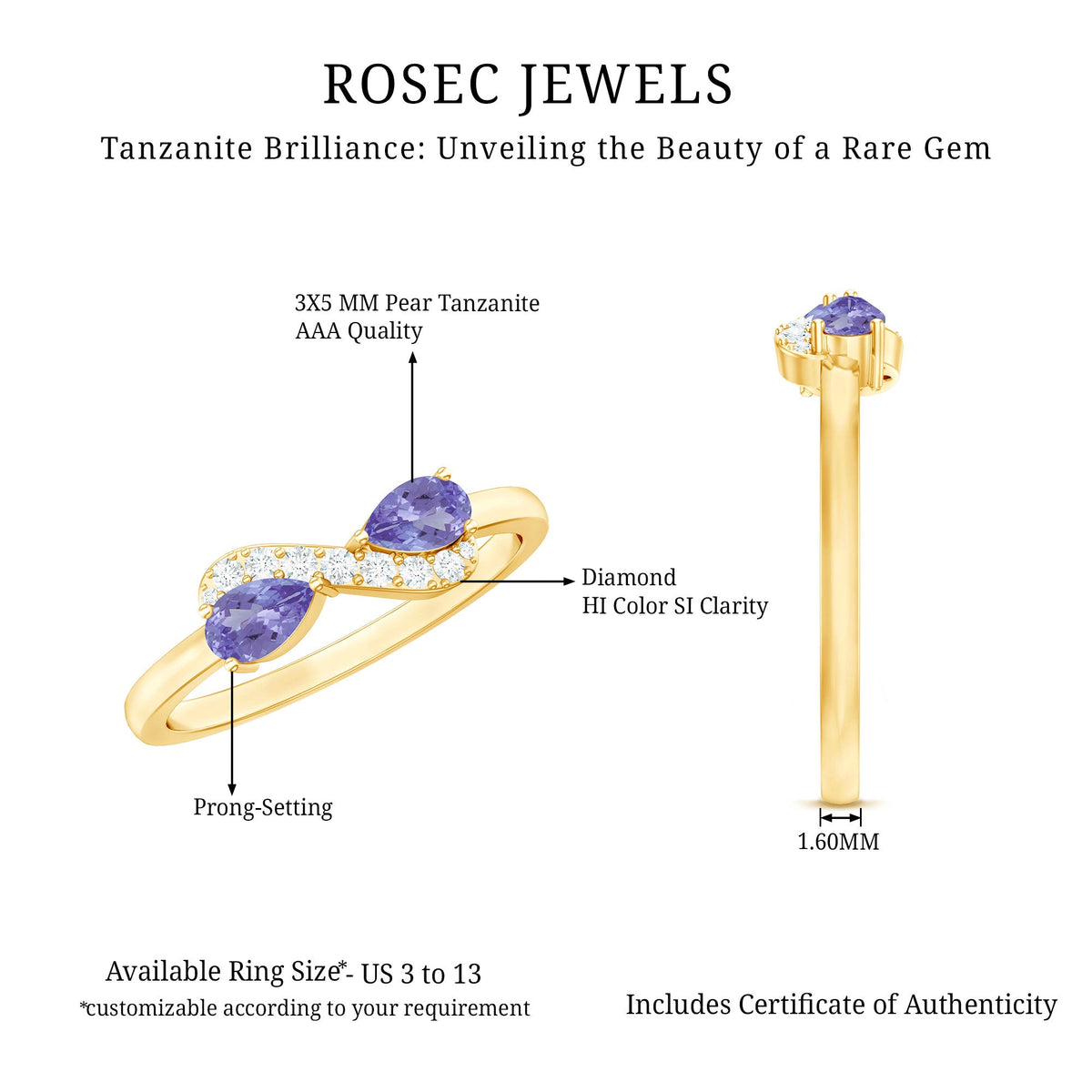 Rosec Jewels Tanzanite 2-stone promise ring with diamonds, featuring vibrant blue gemstones and elegant design.
