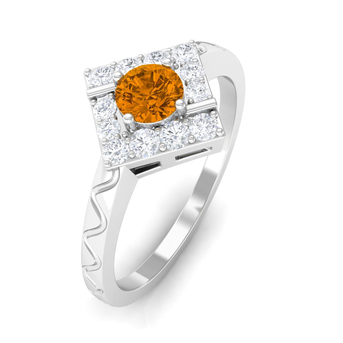 0.50 CT Round Shape Citrine Minimal Textured Ring with Diamond