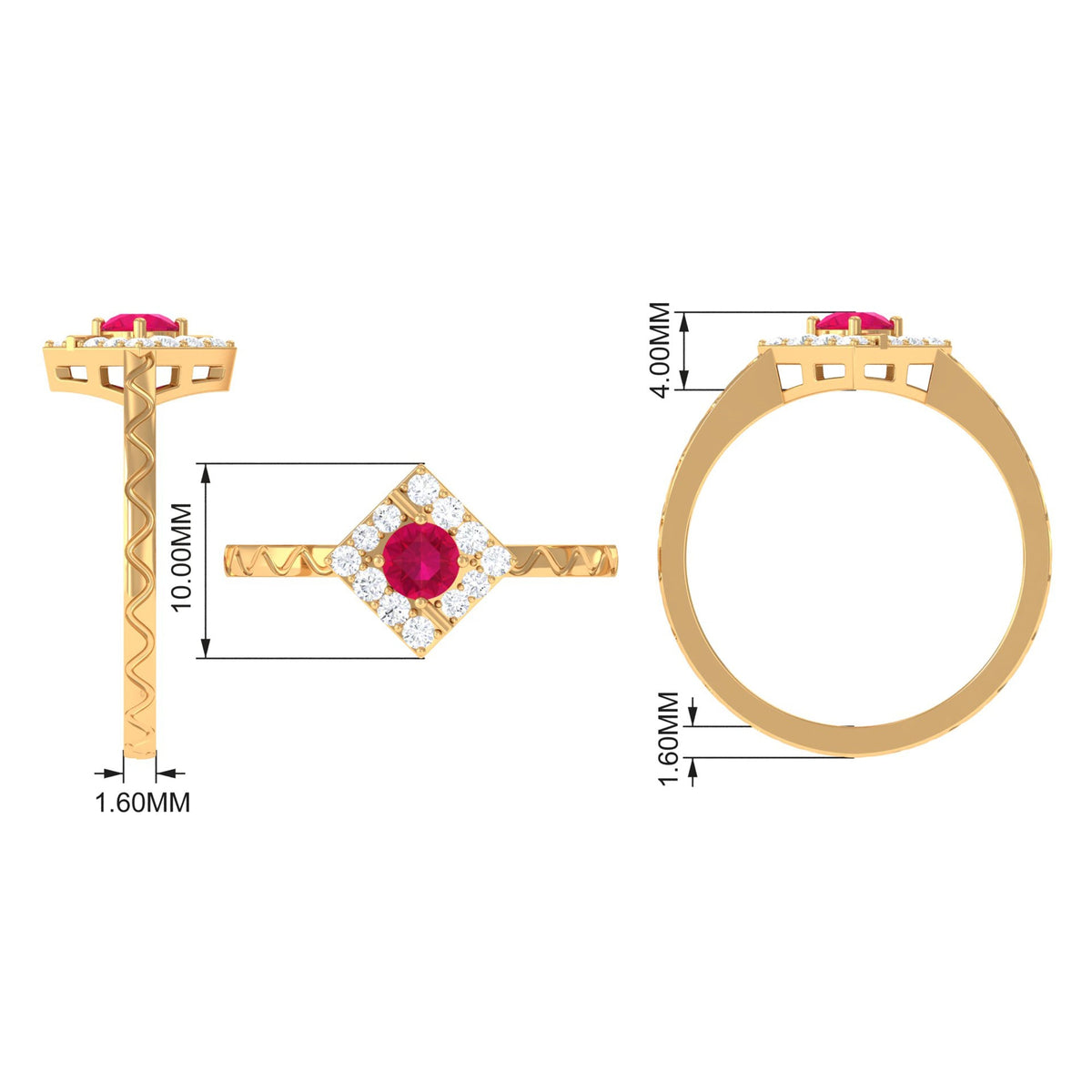 Minimal Ruby and Diamond Textured Ring by Rosec Jewels, showcasing a sleek band with textured surface, red ruby, and sparkling diamonds.