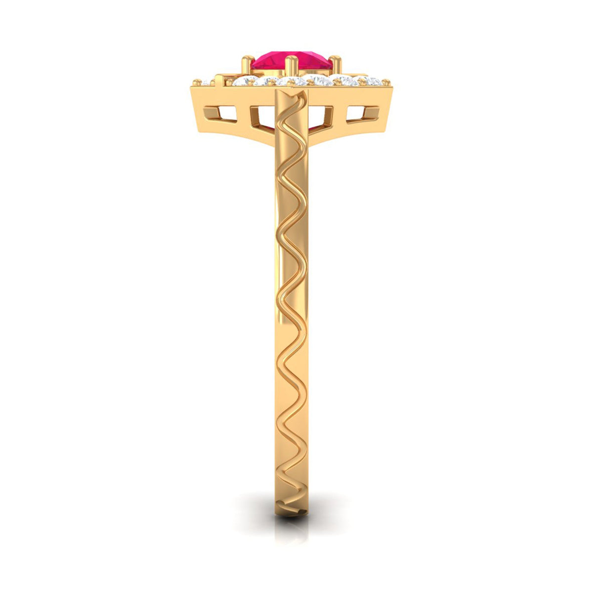 Rosec Jewels minimal Ruby and diamond textured ring with sleek design, featuring embedded gemstones on a polished gold band.