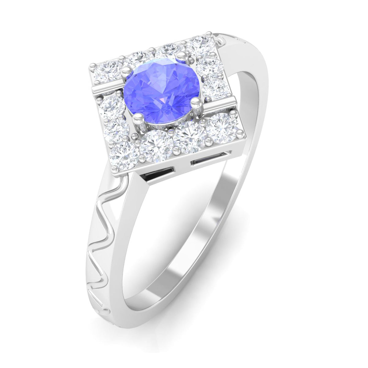 Rosec Jewels 3/4 carat Tanzanite and diamond ring with a sleek band, elegant design, and sparkling gemstones.
