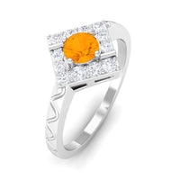 Minimal fire opal and diamond textured ring by Rosec Jewels featuring a 1/2 carat fire opal centerpiece and intricate design.