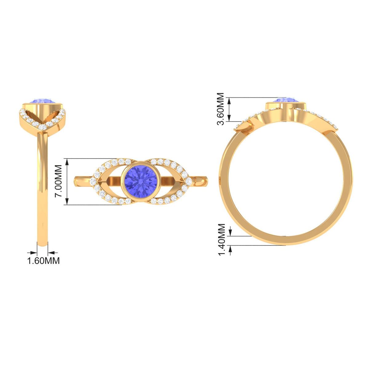 Bezel set tanzanite solitaire ring with split shank design and diamond accents by Rosec Jewels, showcasing the elegant jewelry piece.