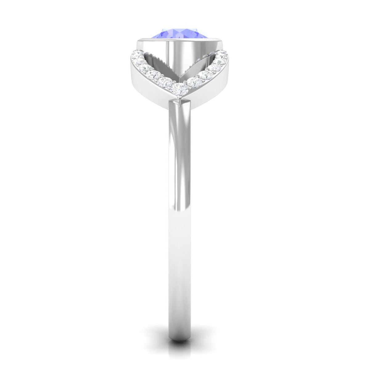 Bezel set tanzanite solitaire split shank ring with diamond accents, crafted by Rosec Jewels, showcasing elegant jewelry design.