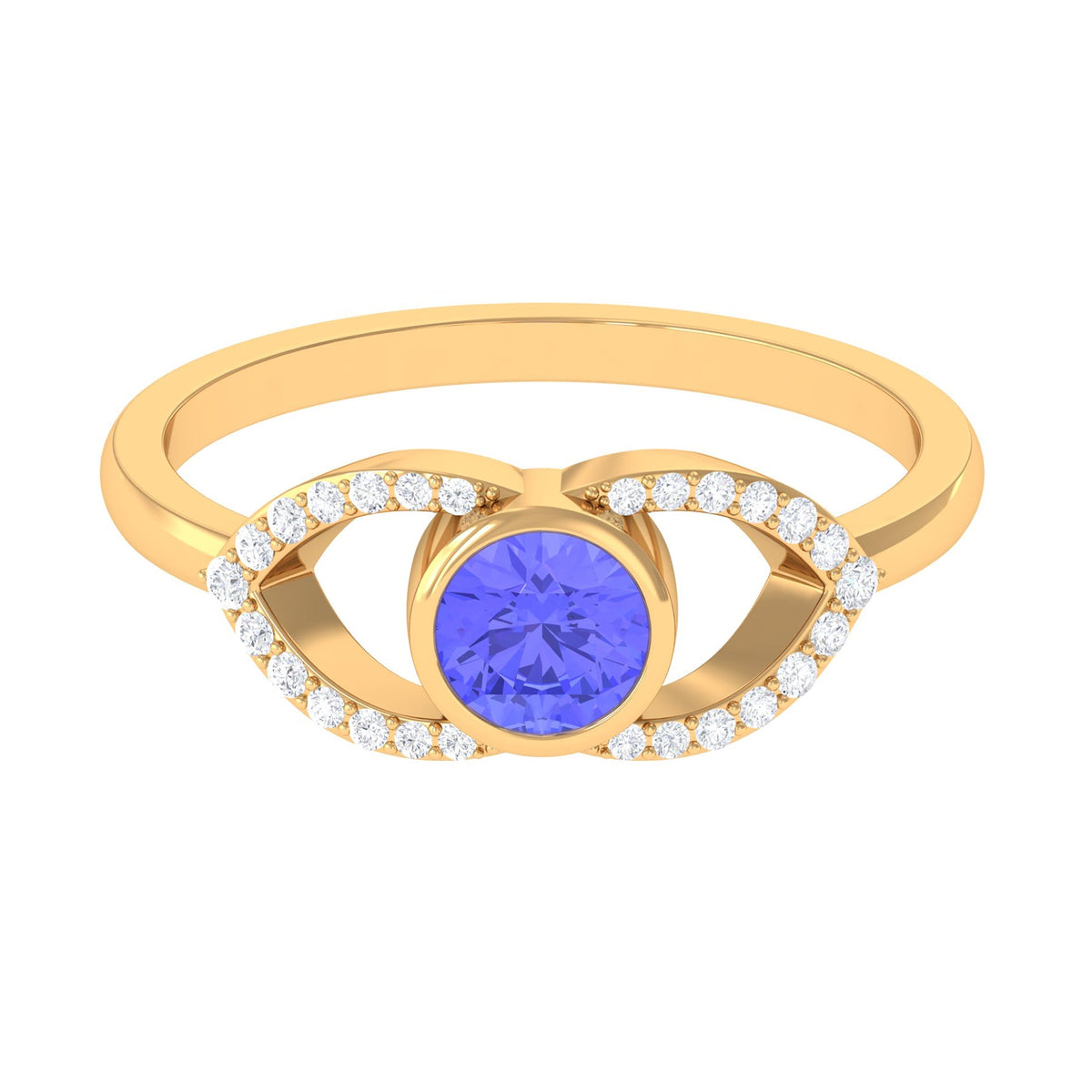 Bezel set tanzanite solitaire ring with split shank design and diamond accents, crafted by Rosec Jewels.