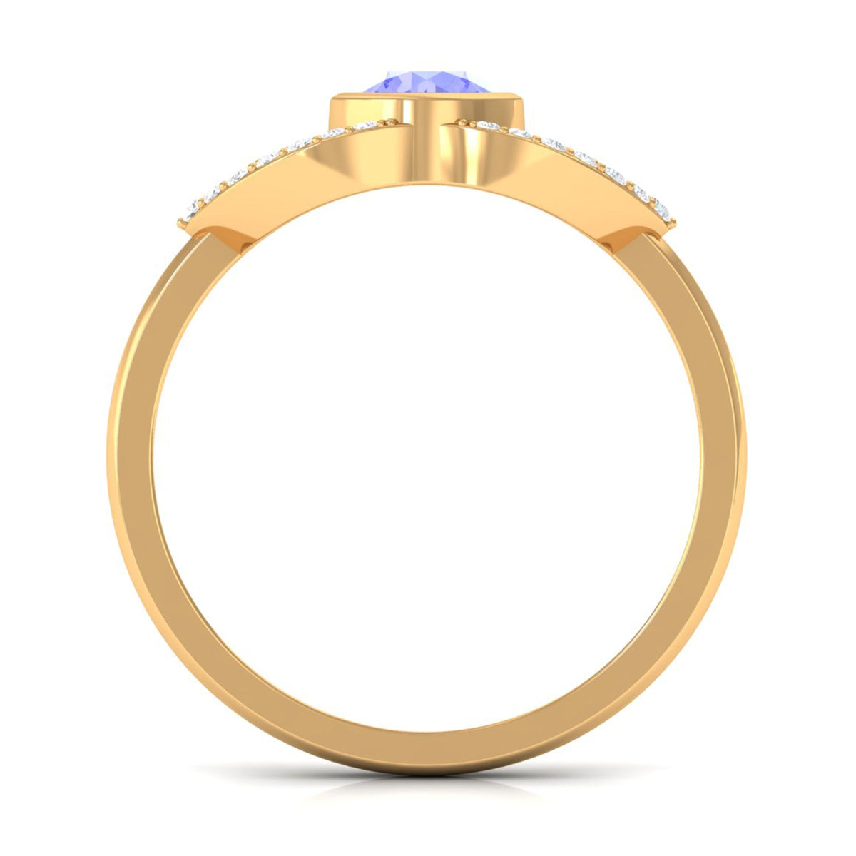 Bezel set tanzanite solitaire ring with split shank design and diamond accents, crafted by Rosec Jewels.