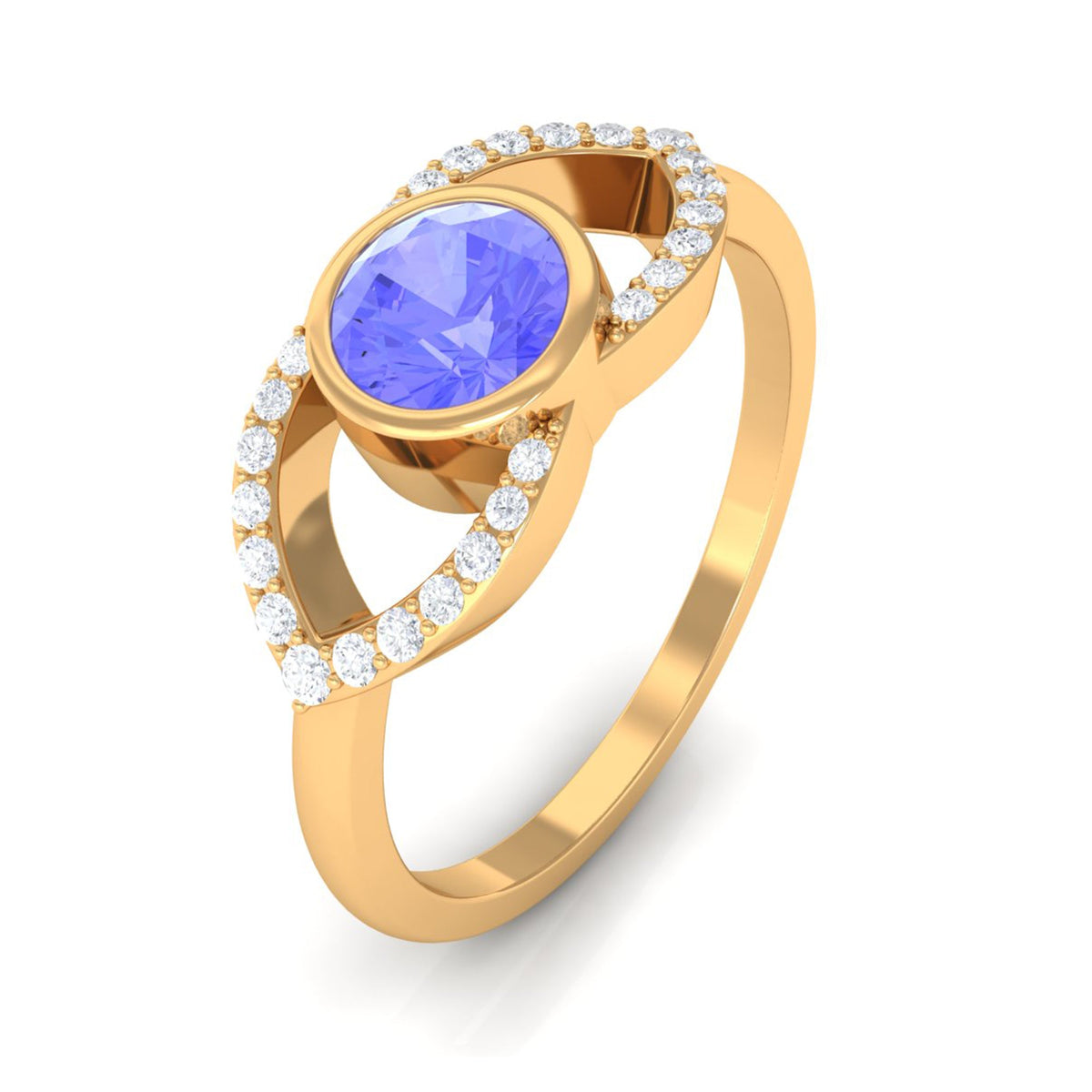 Bezel set tanzanite solitaire split shank ring with diamond accents by Rosec Jewels, showcasing a stunning blue gemstone and elegant design.