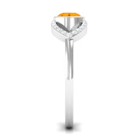 Rosec Jewels 3/4 Ct fire opal and diamond split shank engagement ring with a gold band and intricate design.