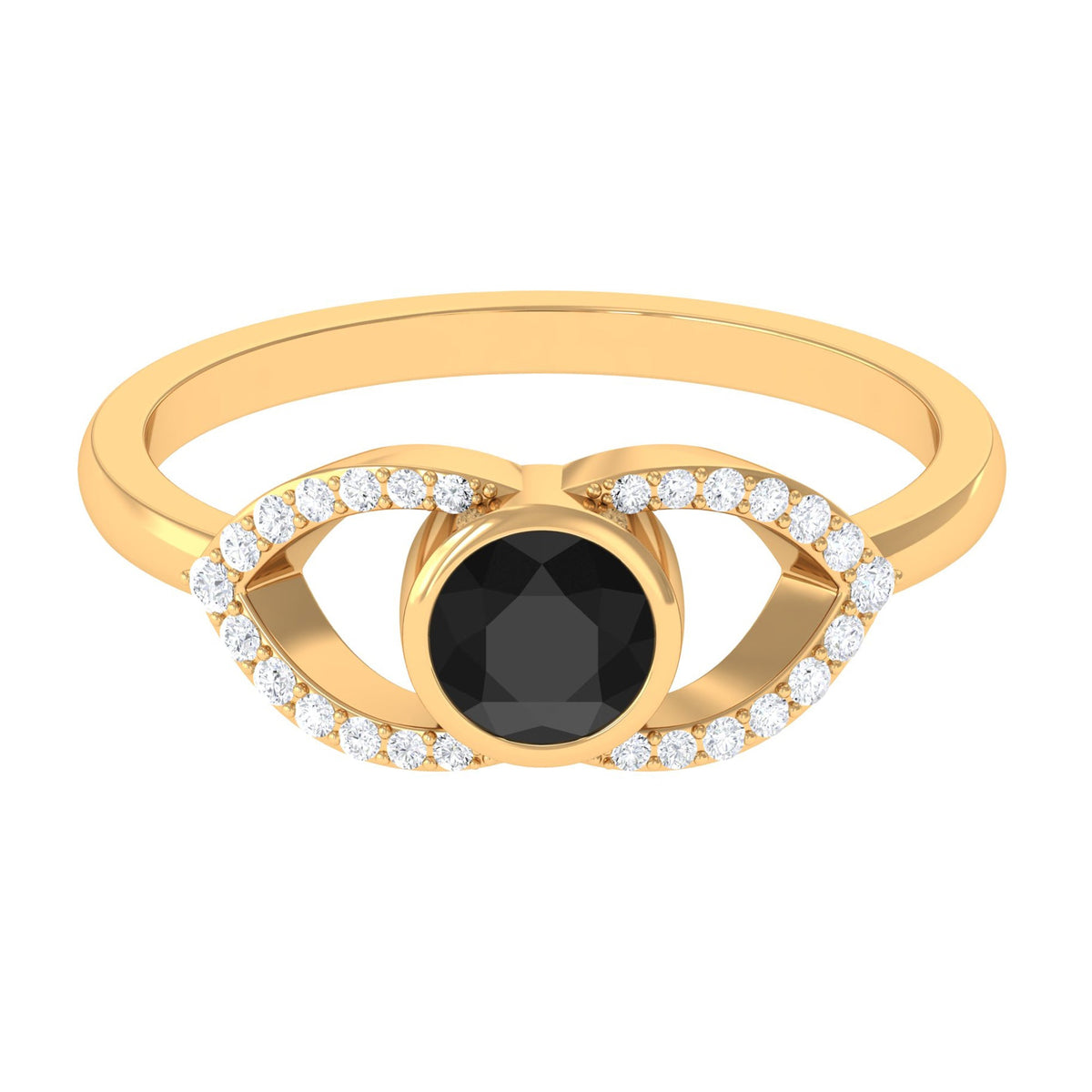 Bezel Set Solitaire Black Spinel and Diamond Ring in Split Shank