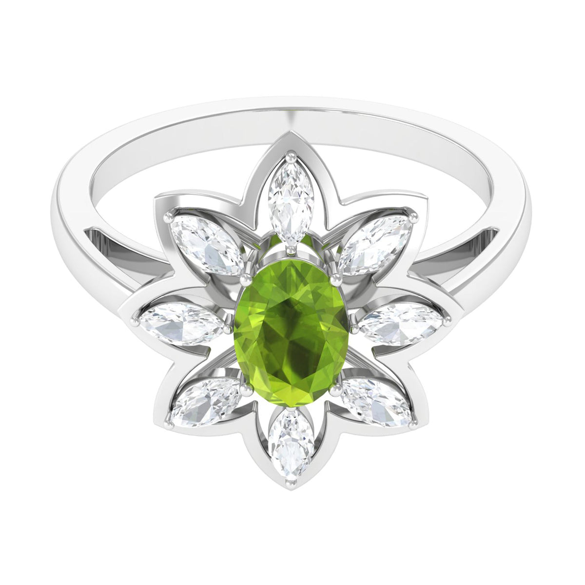 Oval Cut Peridot and Diamond Flower Engagement Ring with Certificate