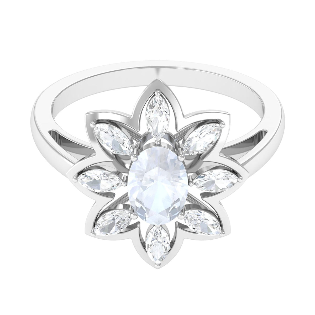 Oval cut moonstone and diamond flower cocktail ring by Rosec Jewels, showcasing a sparkling gemstone and intricate floral design.