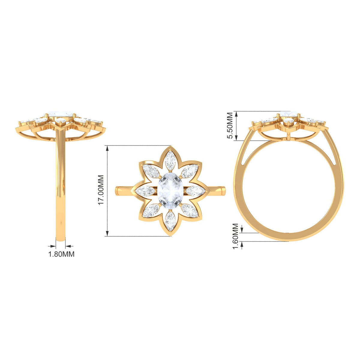 Oval cut moonstone and diamond flower cocktail ring featuring intricate design, set in a silver band with floral accents.