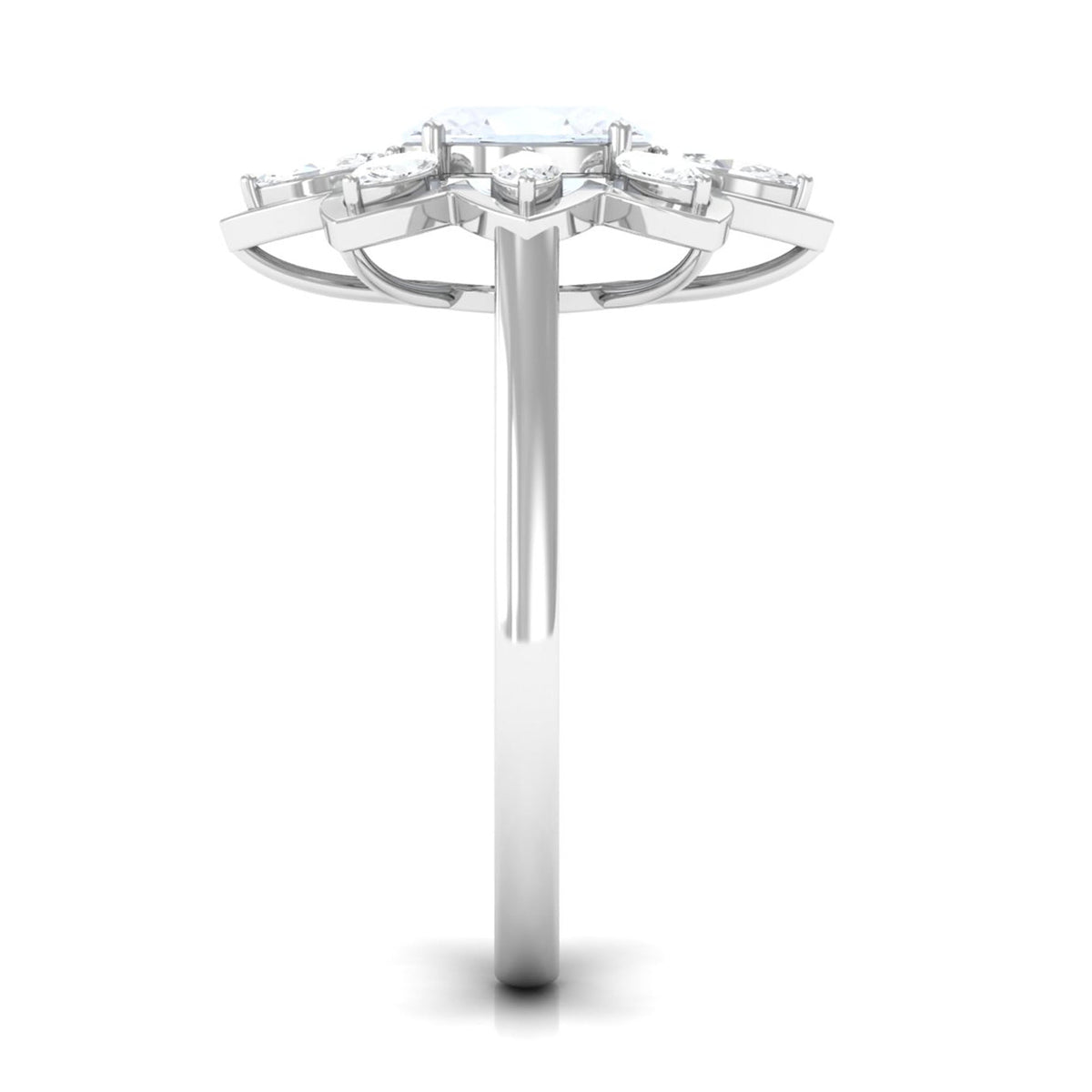 Oval cut moonstone and diamond flower cocktail ring by Rosec Jewels, featuring a detailed gold band with floral design.