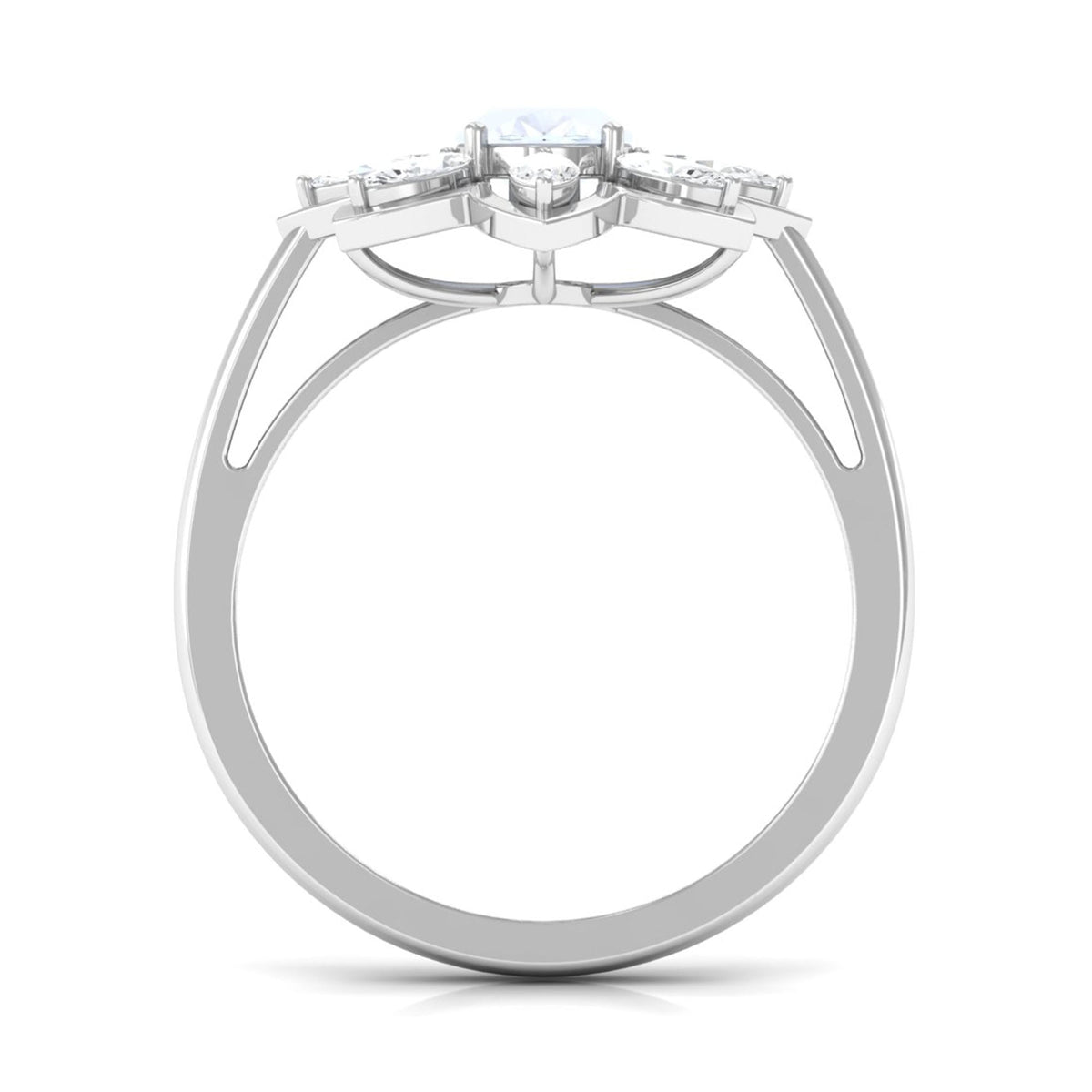 Oval cut moonstone and diamond flower cocktail ring by Rosec Jewels, featuring an elegant design with sparkling gemstones.