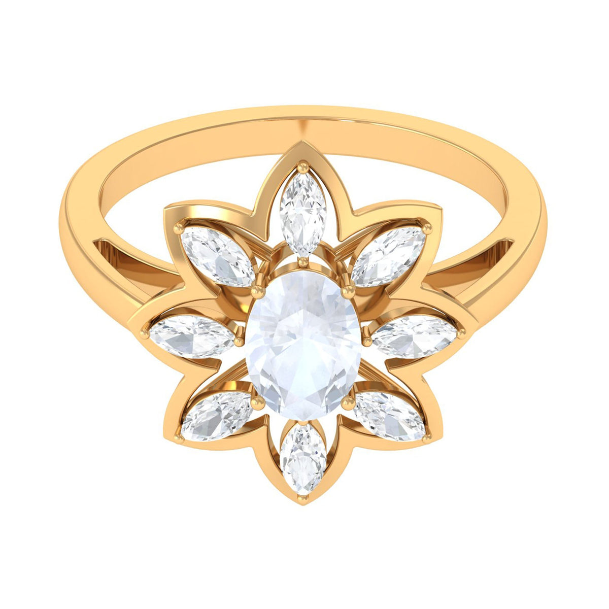 Oval cut moonstone and diamond flower cocktail ring by Rosec Jewels, featuring a delicate floral design with shimmering stones.