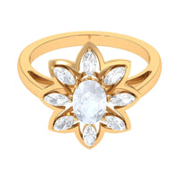 Oval cut moonstone and diamond flower cocktail ring by Rosec Jewels, featuring a delicate floral design with shimmering stones.