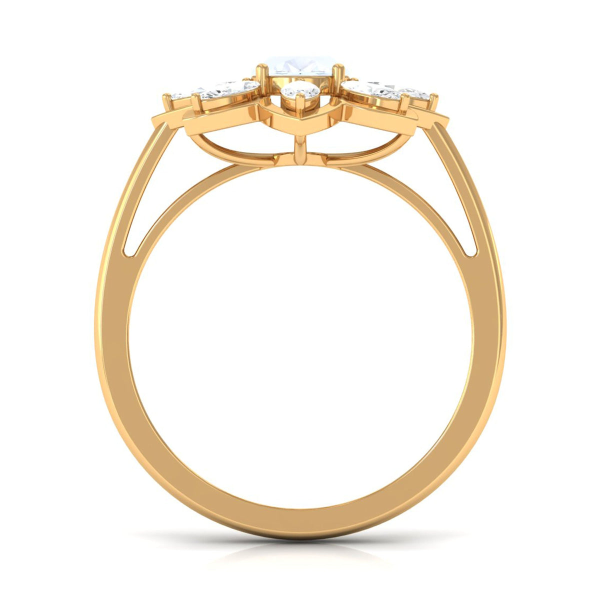 Oval cut moonstone and diamond flower cocktail ring by Rosec Jewels, featuring a detailed floral design with sparkling gemstones.