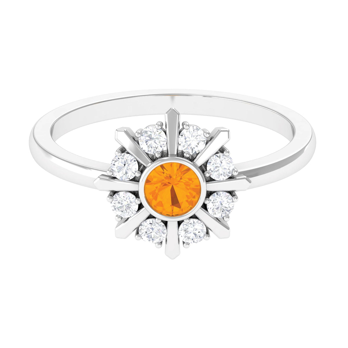Bezel set fire opal statement ring with diamonds from Rosec Jewels, featuring vibrant orange fire opal and sparkling accents.