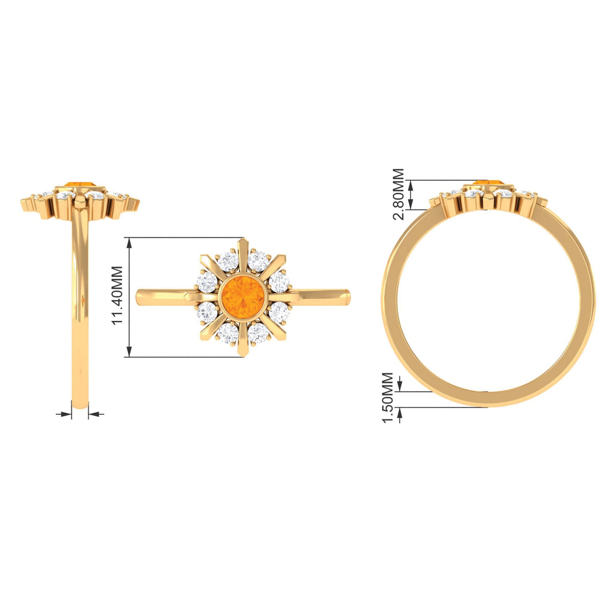 Bezel set 1/2 carat fire opal statement ring with diamond accents by Rosec Jewels, showcasing vibrant orange and sparkling details.