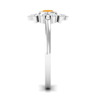 Bezel set fire opal statement ring with diamond accents by Rosec Jewels, showcasing vibrant orange and white gemstone details.