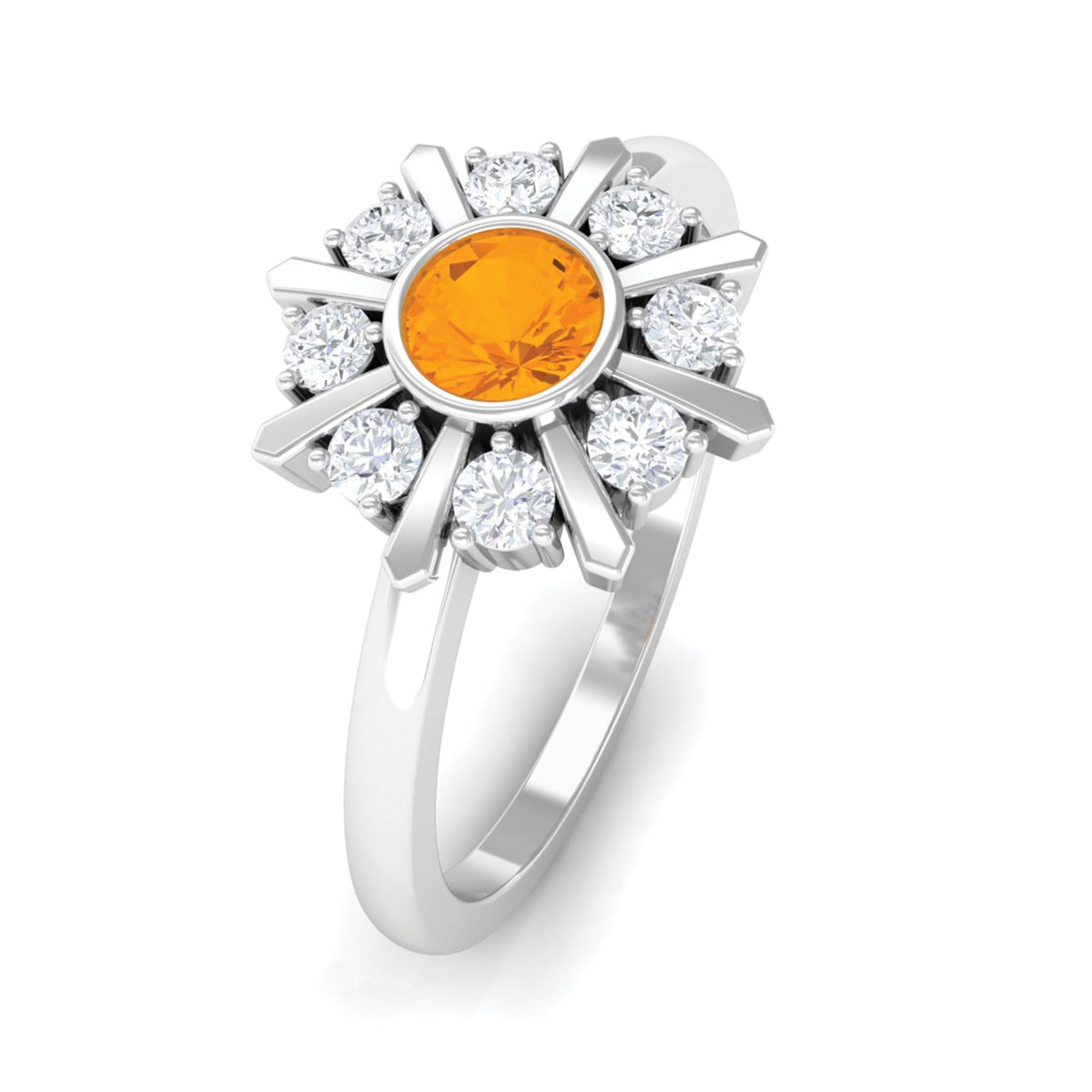 Bezel set 1/2 carat fire opal statement ring with diamond accents by Rosec Jewels, showcasing vibrant orange gemstone and elegant design.