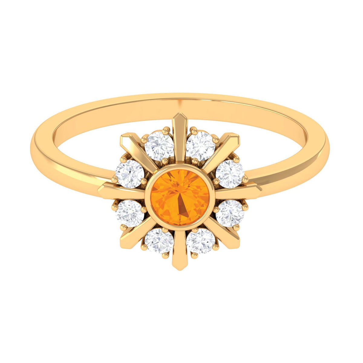 Rosec Jewels 1/2 carat bezel set fire opal statement ring with diamond accents on a silver band.
