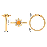 Bezel set fire opal statement ring with diamond accents from Rosec Jewels, featuring a 1/2 carat fiery opal gemstone.