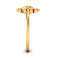 Bezel set fire opal statement ring with diamonds from Rosec Jewels, showcasing a 1/2 carat fiery gemstone and elegant design.
