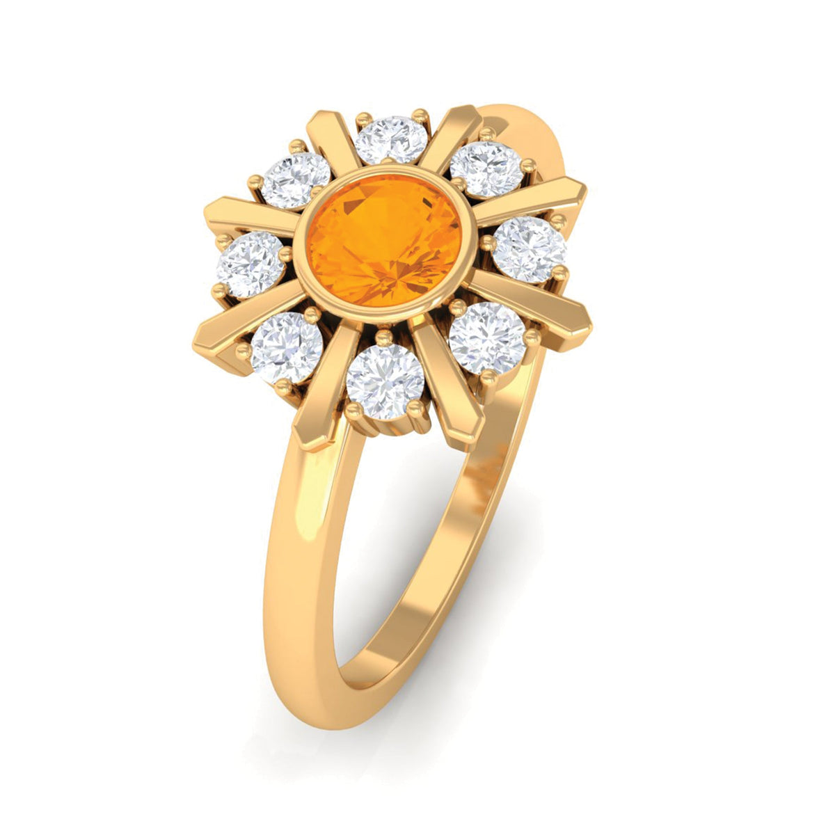 Bezel set fire opal statement ring with diamond accents from Rosec Jewels, showcasing vibrant orange and white gemstone details.