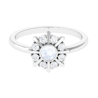 Rosec Jewels 3/4 carat bezel set moonstone and diamond statement ring with elegant design and sparkling gemstones.
