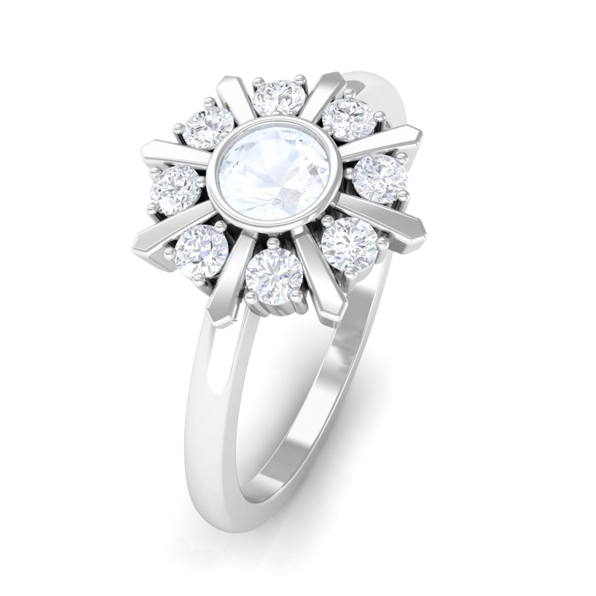 Rosec Jewels 3/4 carat bezel set moonstone and diamond statement ring with a silver band, showcasing elegant gemstone details.