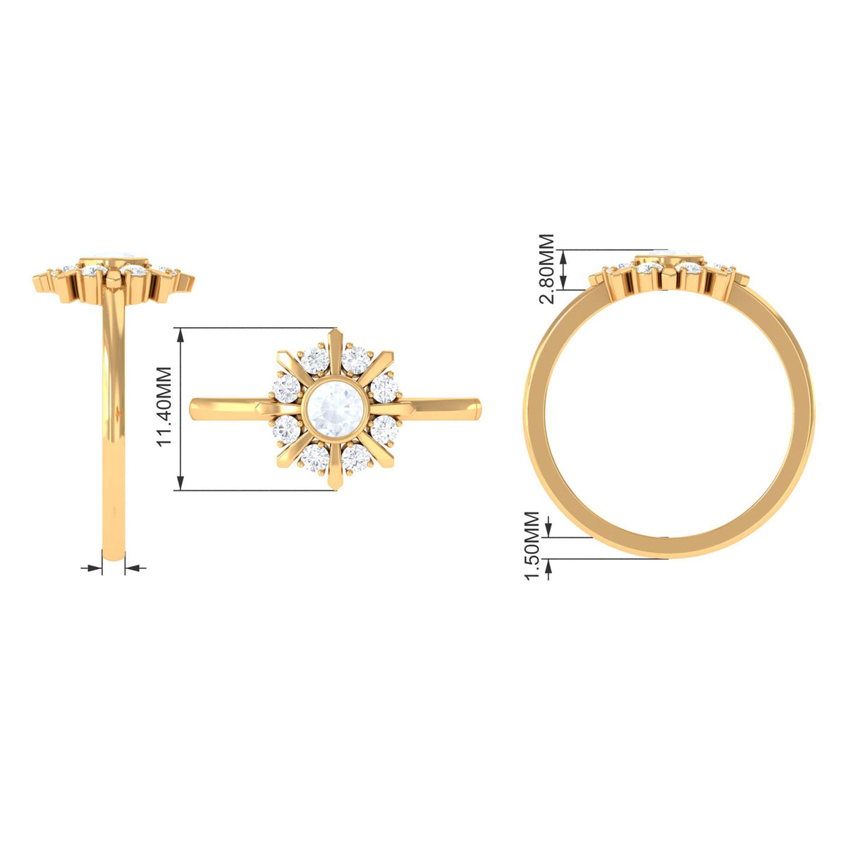Rosec Jewels 3/4 carat bezel set moonstone and diamond statement ring showcasing a luminous moonstone and sparkling diamonds.
