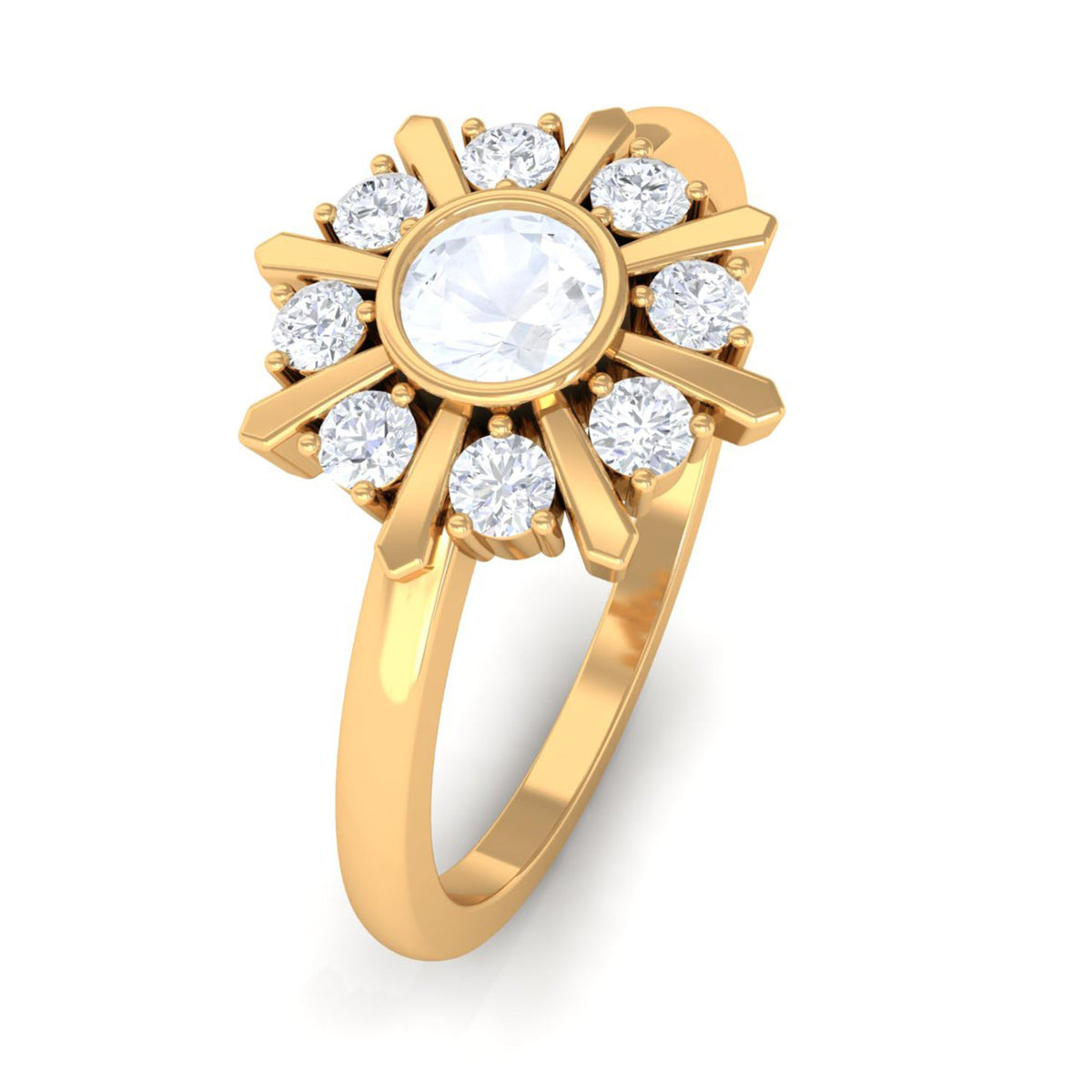 Bezel set moonstone and diamond statement ring by Rosec Jewels, showcasing a 3/4 carat design with elegant details.