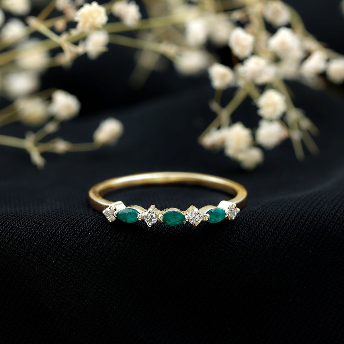 Genuine Emerald and Diamond Minimalist Half Eternity Ring