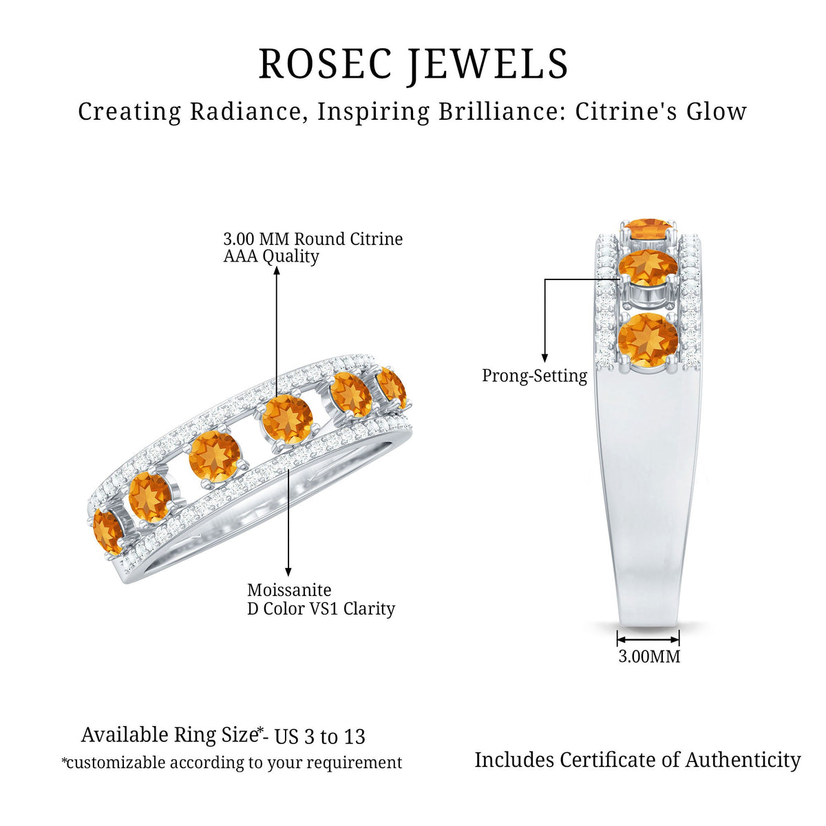 Natural Citrine Diamond Half Eternity Band Ring for Anniversary