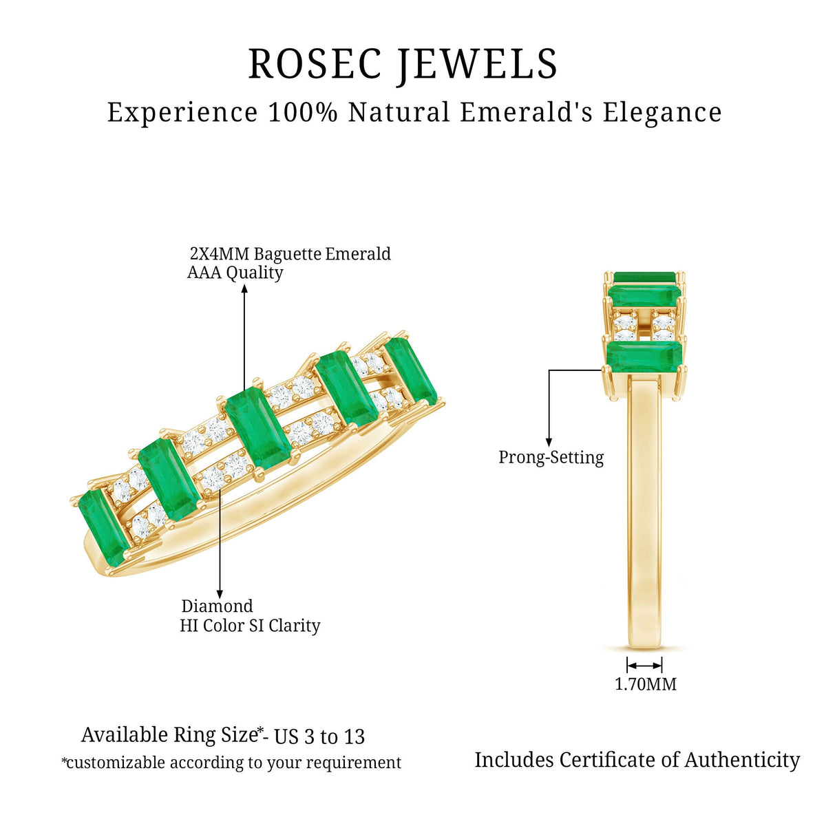 Baguette Cut Emerald and Diamond Half Eternity Band