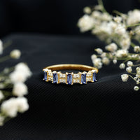 Certified Baguette Lab Grown Blue Sapphire Half Eternity Band Ring with Diamond