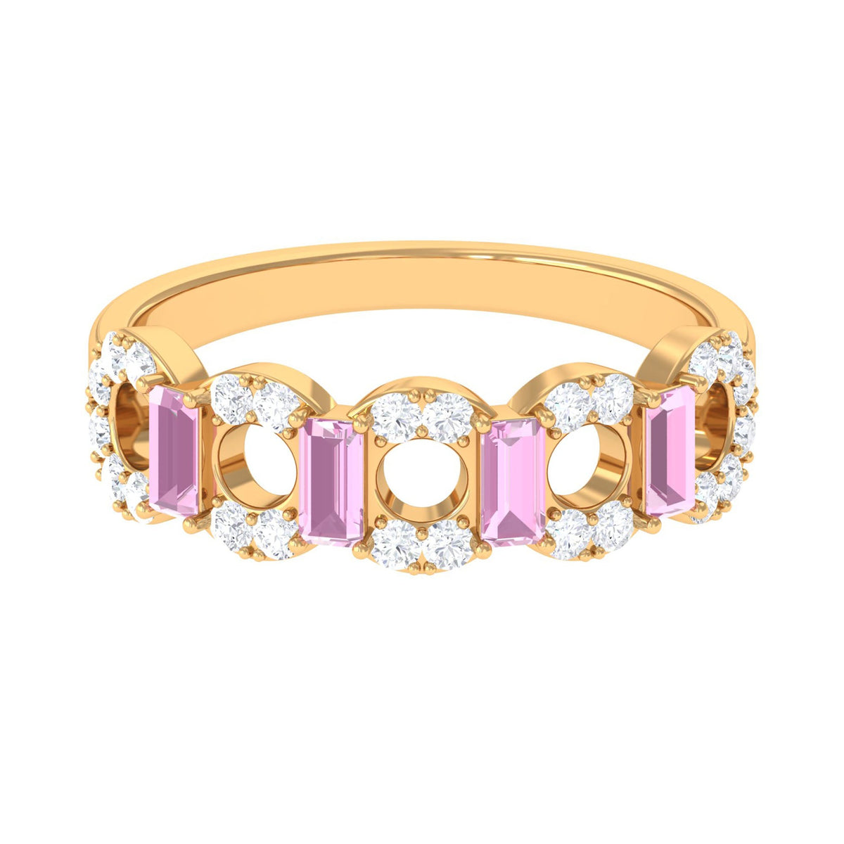 Real Pink Tourmaline Art Deco Half Eternity Ring with Diamond