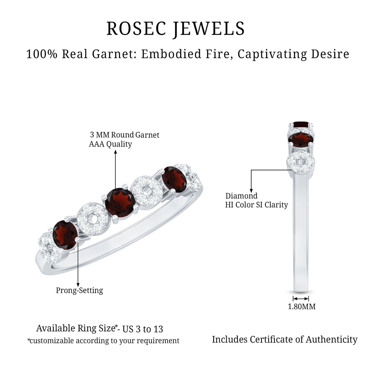 Natural Garnet Diamond Half Eternity Ring with Certificate