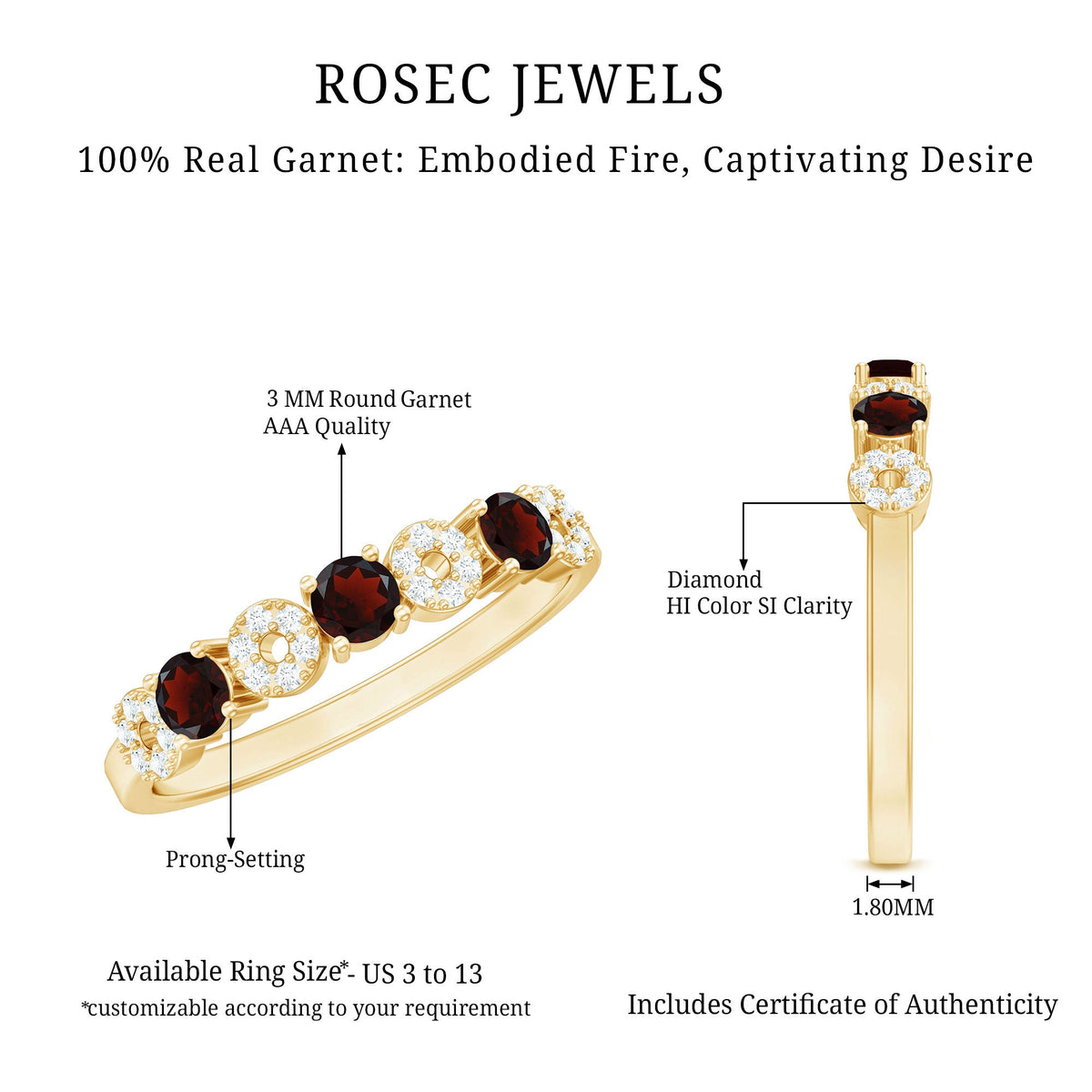 Natural Garnet Diamond Half Eternity Ring with Certificate