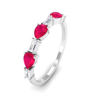 East West Style Pear Shape Ruby Half Eternity Ring with Baguette Diamond
