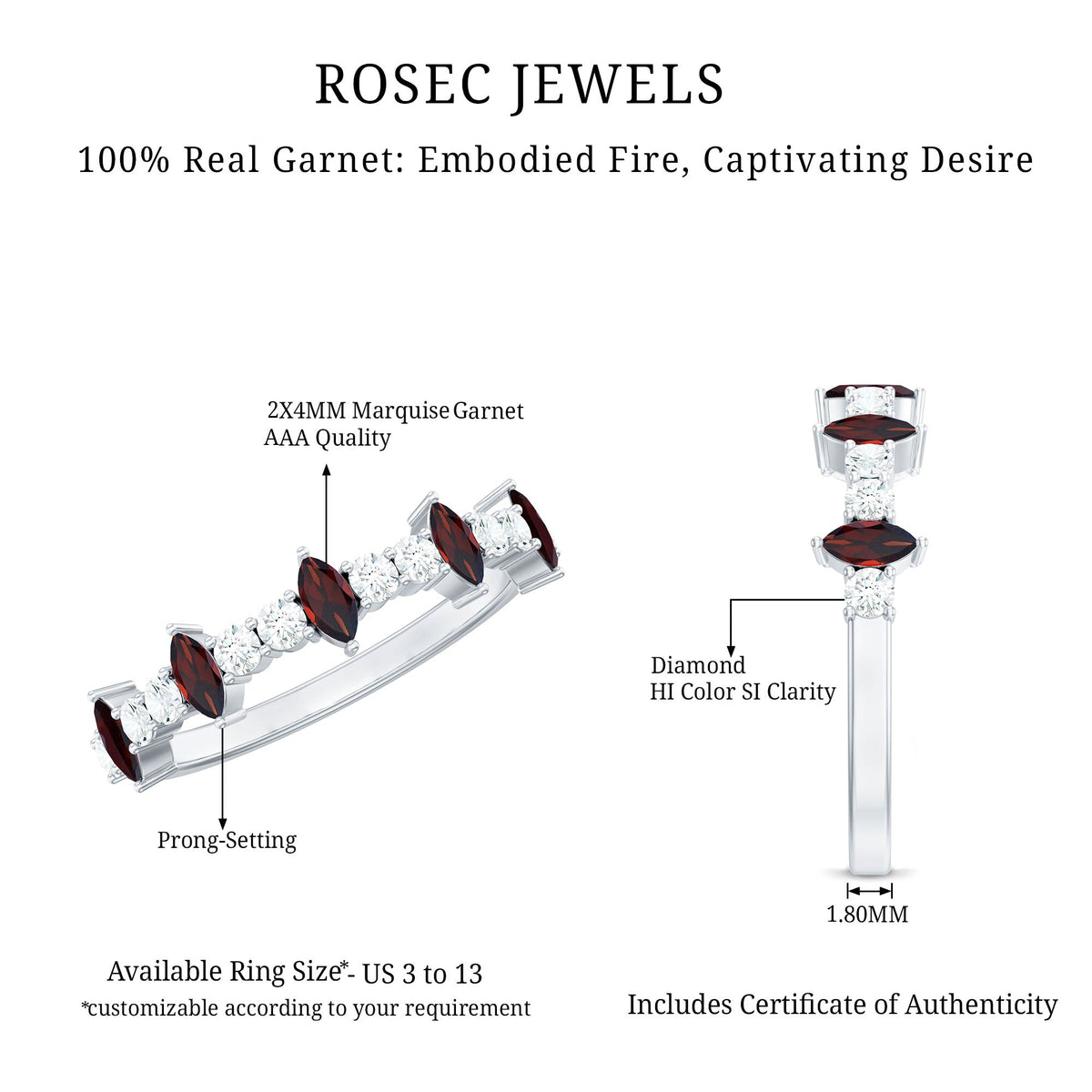 Natural Marquise Garnet Half Eternity Ring with Diamond