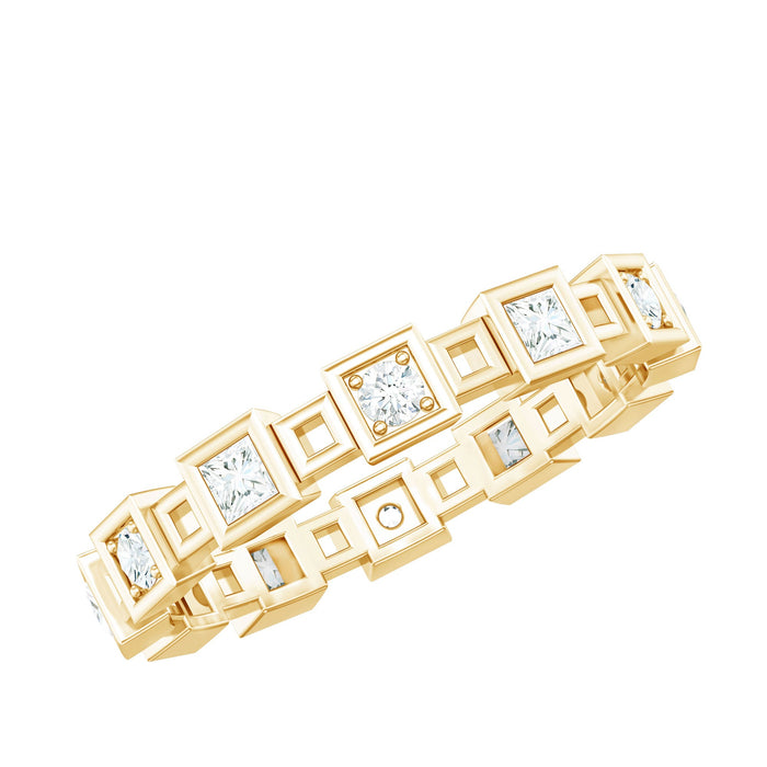Princess cut moissanite wedding band ring by Rosec Jewels, featuring a sleek contemporary design with sparkling stones.