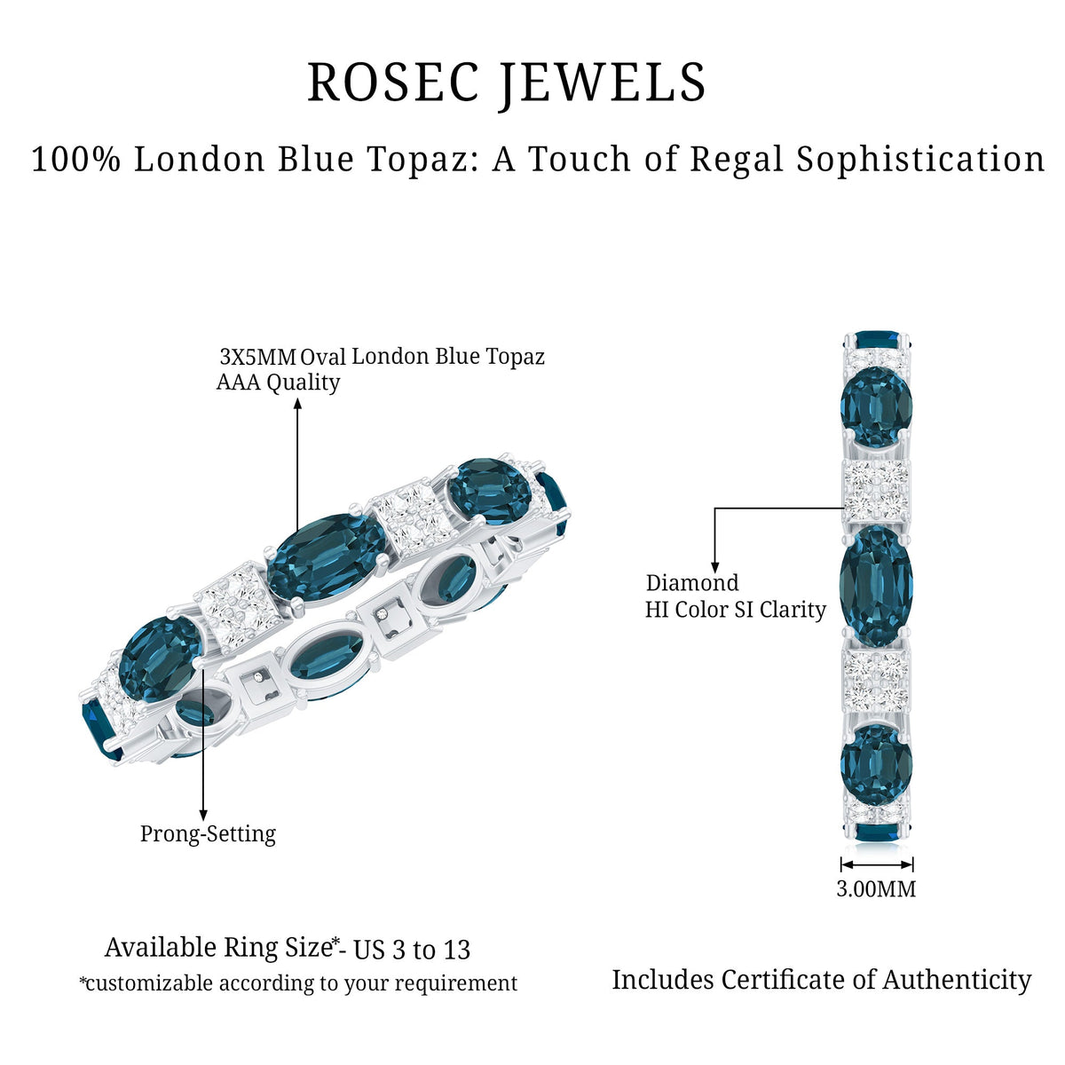 Oval London Blue Topaz Full Eternity Band Ring with Diamond