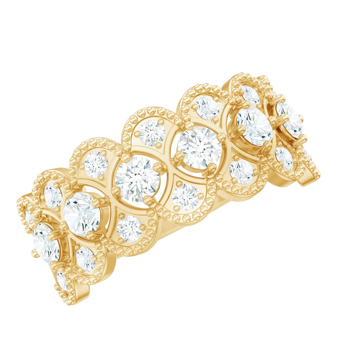 Rosec Jewels certified moissanite wedding band for women featuring sparkling stones and elegant design.