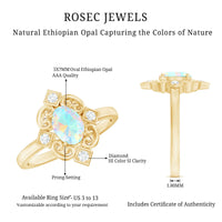 Oval Cut Certified Ethiopian Opal Vintage Inspired Engagement Ring with Diamond