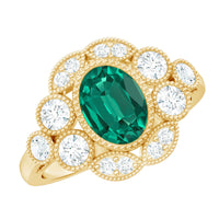 Certified Oval Lab Grown Emerald Antique Looking Engagement Ring