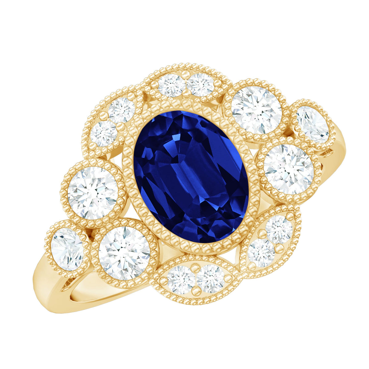 Vintage Looking 1.5 Carat Lab Grown Blue Sapphire Engagement Ring with Diamond