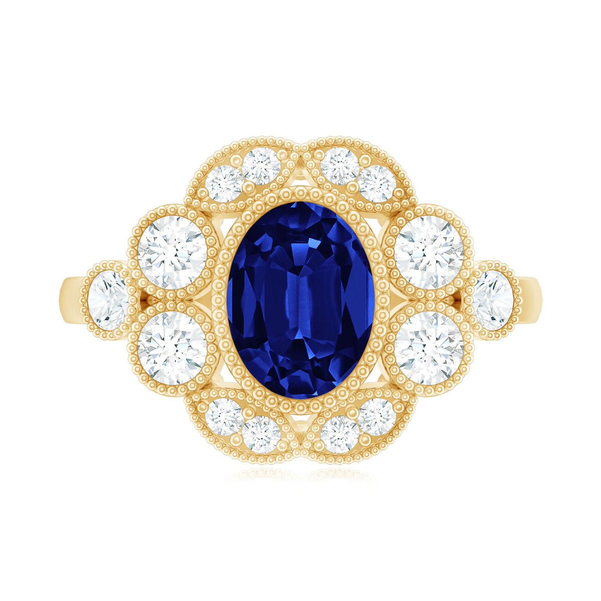 Vintage Looking 1.5 Carat Lab Grown Blue Sapphire Engagement Ring with Diamond